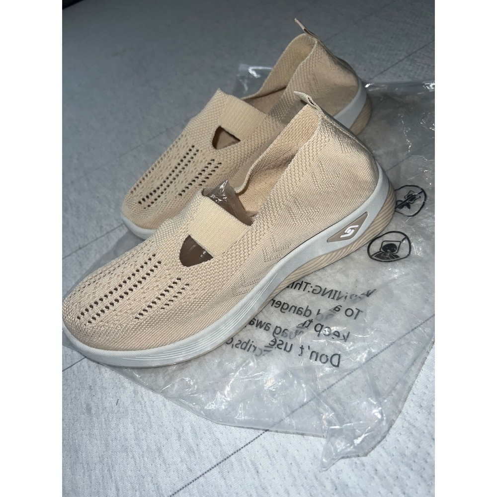 Skechers Womens Slip On Knit Walking Sneakers Beige Size 8 - Picture 2 of 11